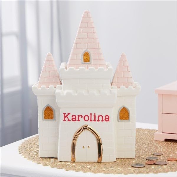 Personalization Universe Banco de cerámica rosa castillo de princesa, alcancía personalizable para niños, niñas, caja de ahorro de dinero grande,