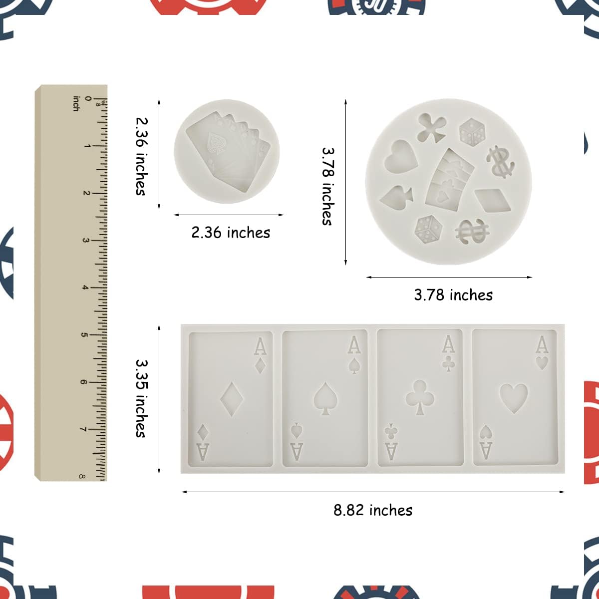 Juego de 7 moldes de silicona de póquer para fondant para Las Vegas, noche de casino, decoraciones de fiesta de cumpleaños de casino con corazón de