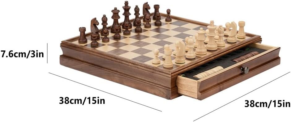 ROLTIN Juego de ajedrez de madera 2 en 1 con cajones, juego de tablero de ajedrez hecho a mano con damas y 2 reinas adicionales, ajedrez de lujo de