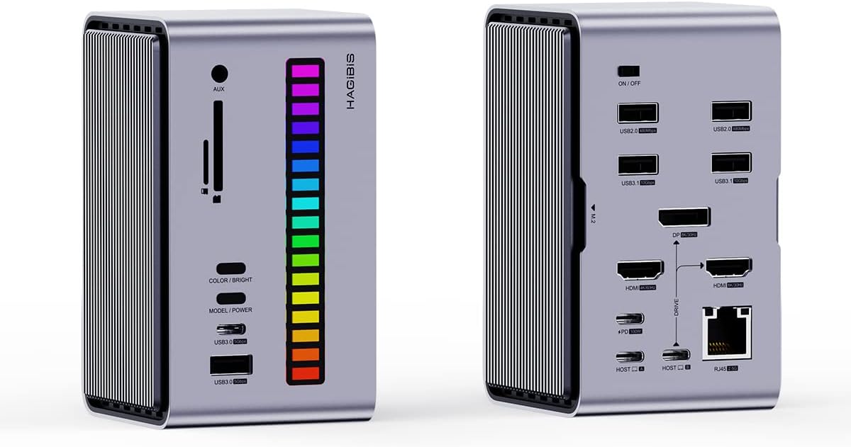 Hagibis Estación de acoplamiento dual USB C triple monitor, tira de luz LED USB-C Hub Adaptador tipo C con 8K DP y HDMI, carcasa SSD M.2, 100W PD,