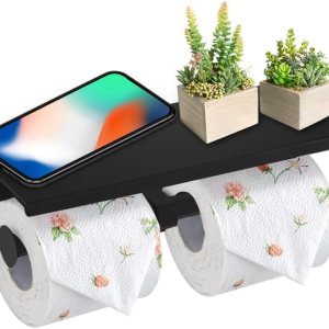 SUNTAI Soporte doble para papel higiénico con estante para teléfono, soporte moderno de acero inoxidable 304 para papel higiénico montado en la SUNTAI Soporte doble para papel higiénico con estante para teléfono, soporte moderno de acero inoxidable 304 para papel higiénico montado en la