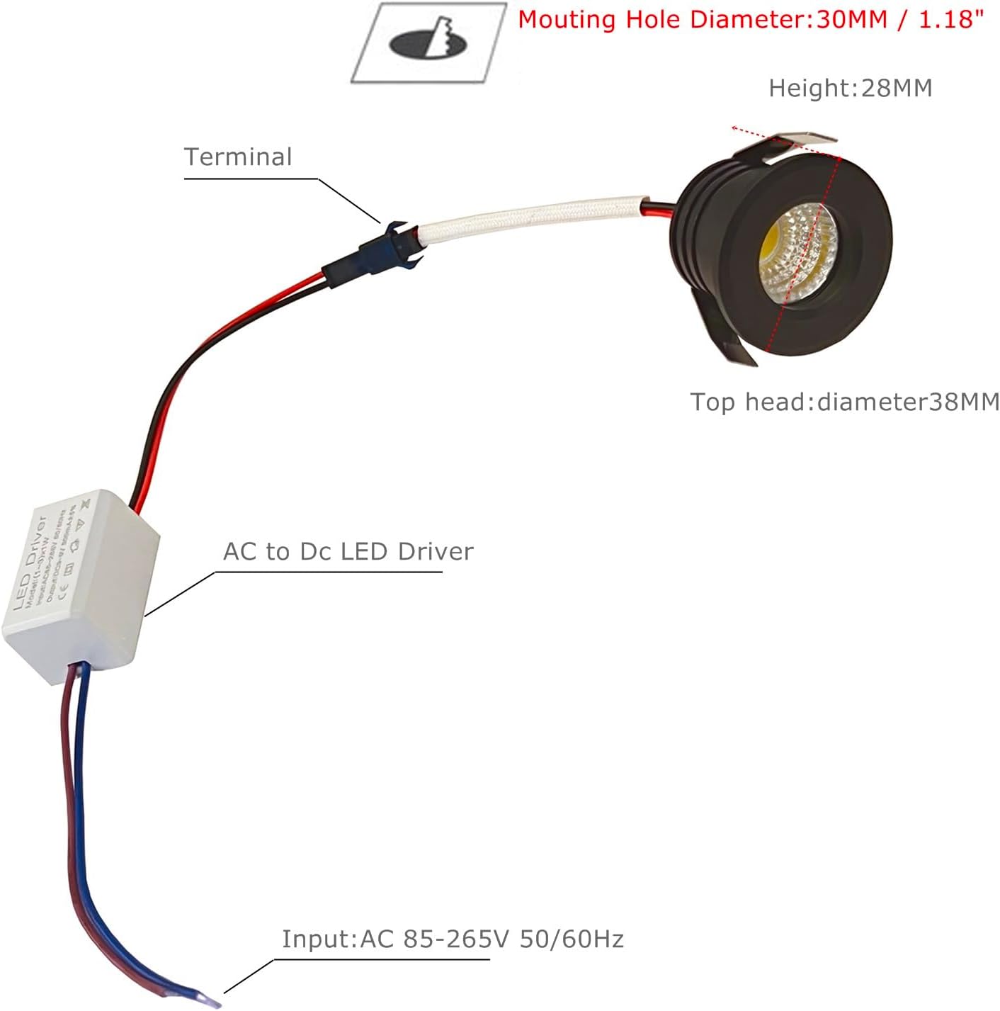 Scpopfer Paquete de 2 mini focos de 3 W CA 110 V 220 V empotrados de techo escaparate de exhibición debajo del gabinete de luces de 3000 K blanco