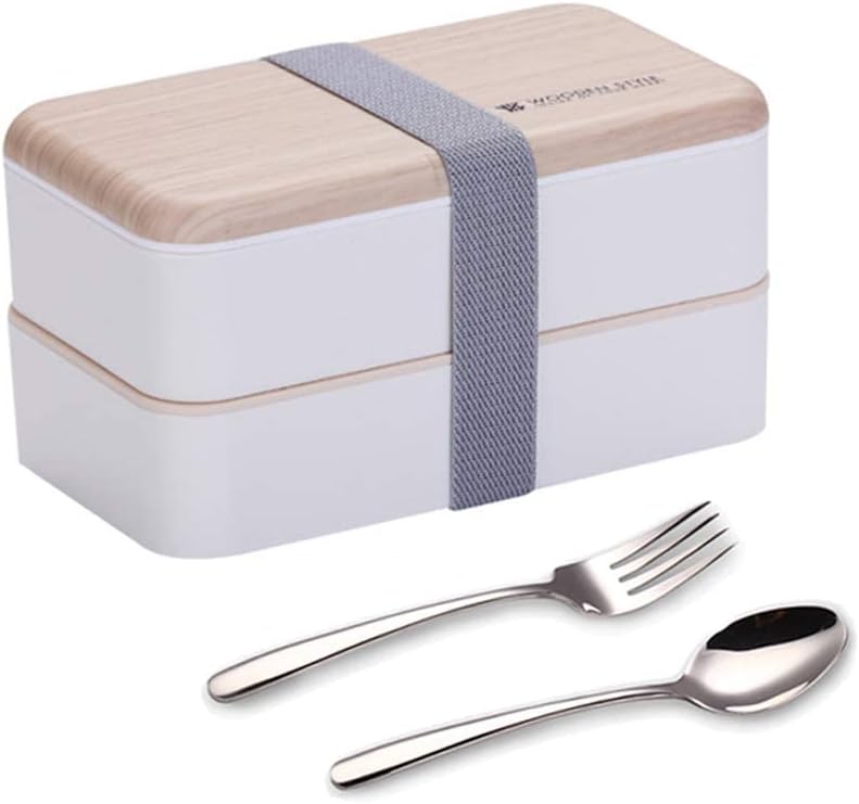 Lonchera Bento original estilo japonés de 2 capas con utensilios, cuchara y tenedor, divisor para ensalada para hombres y mujeres (blanco)