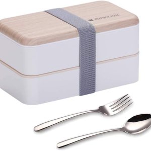 Lonchera Bento original estilo japonés de 2 capas con utensilios, cuchara y tenedor, divisor para ensalada para hombres y mujeres (blanco) Lonchera Bento original estilo japonés de 2 capas con utensilios, cuchara y tenedor, divisor para ensalada para hombres y mujeres (blanco)
