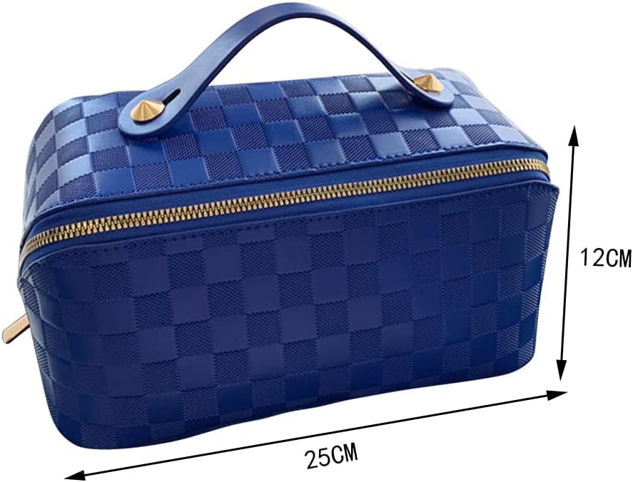 CIREA Bolsa de cosméticos de viaje de gran capacidad marrón a cuadros bolsa de maquillaje PU cuero impermeable bolsa de cuidado de la piel con mango