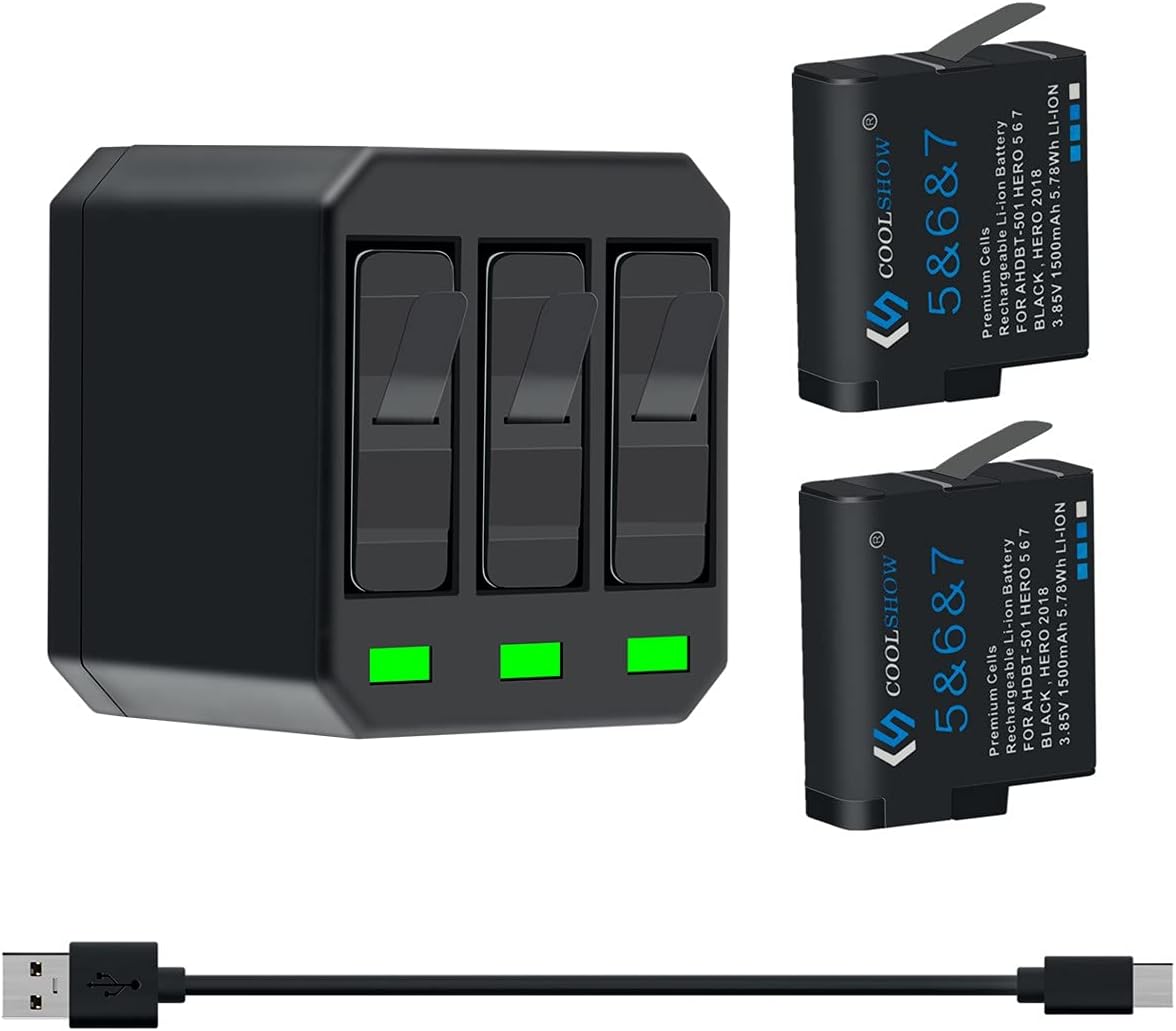 COOLSHOW – Batería de repuesto para Hero 7, 6, 5 (paquete de 2) y cargador Triple Hero 7 compatible con GoPro Hero 7 Black, Hero 6 Black, Hero 5