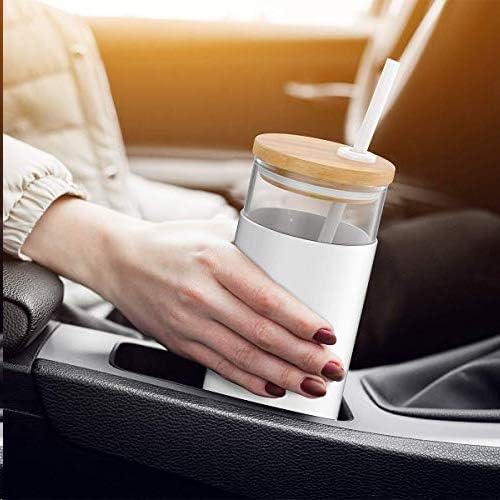 Tronco Vaso de vidrio de 24 onzas con popote y tapa, taza de vidrio con tapa y pajita, taza de batido, taza de café helado, tapa de bambú y funda
