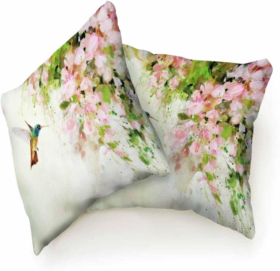 Beabes Fundas de almohada de colibrí volador y flores rosadas, pintura al óleo, 18 x 18 pulgadas, fundas de almohada decorativas para sofá,