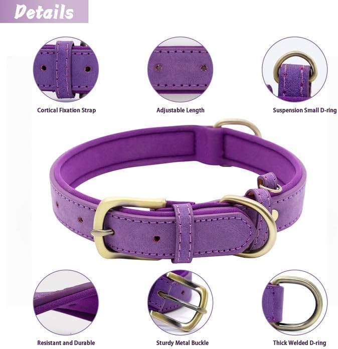 SUFEI Collar de cuero suave acolchado para perro, transpirable, ajustable, impermeable, collar táctico para mascotas con hebilla de metal duradera