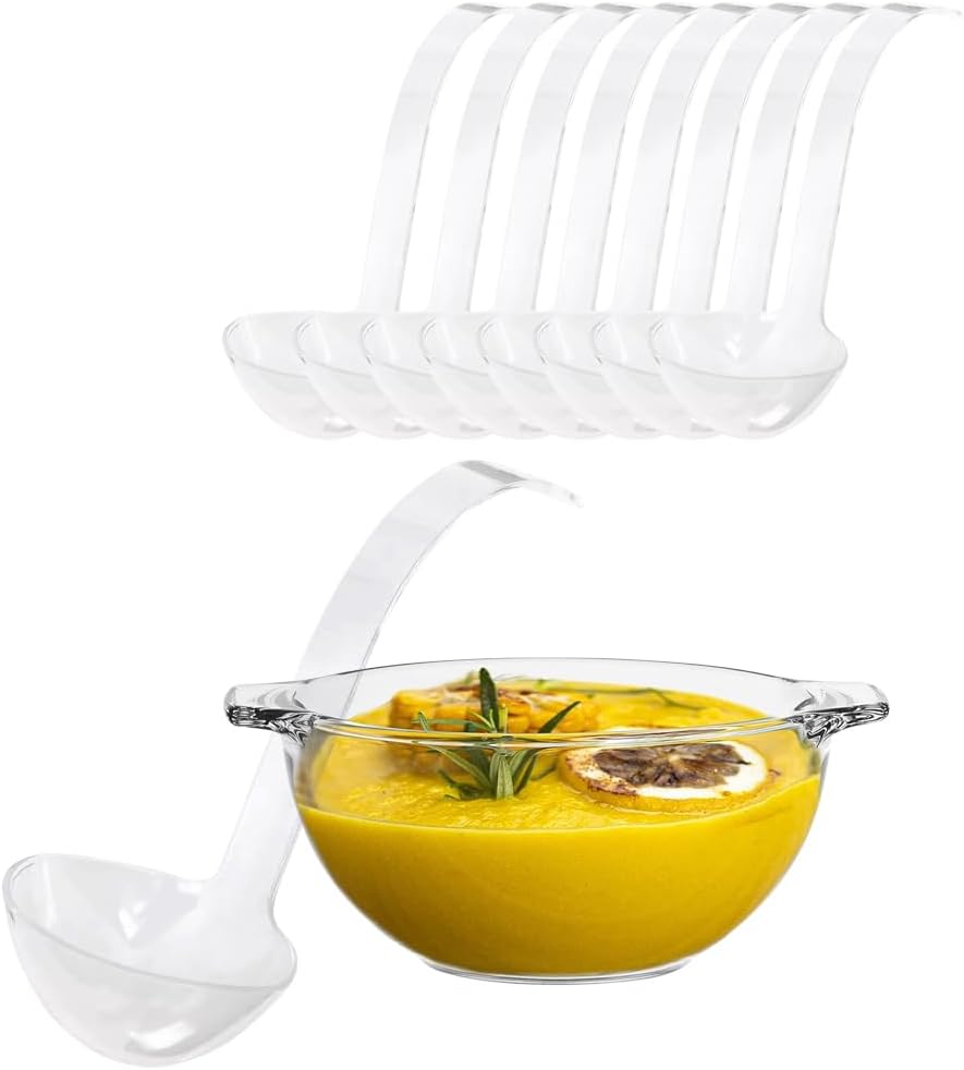 Party Bargains 8 unidades Cucharón de plástico desechable transparente, utensilios de cocina de alta resistencia para sopa, papilla, caldo, salsa,