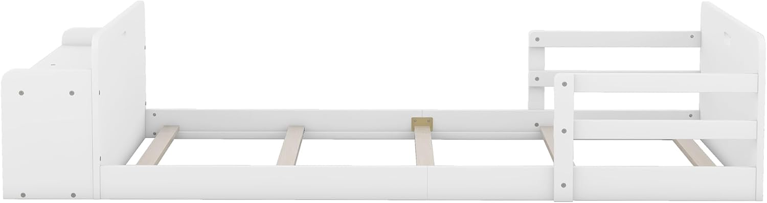Cama de suelo de tamaño individual con rieles y banco de almacenamiento, marco de cama de madera para niños con cabecera y estribo, no necesita