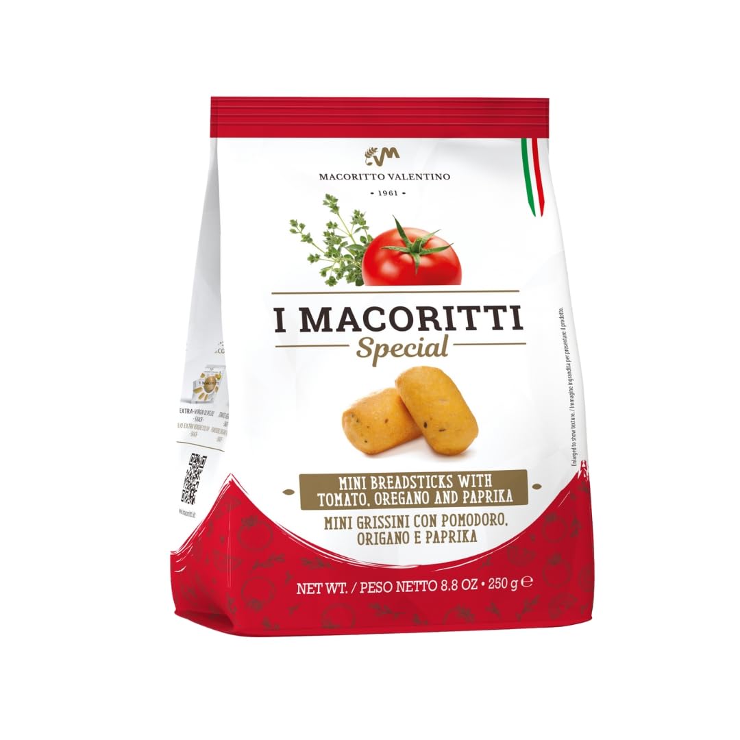 I Macoritti Mini palitos de pan crujientes, auténticos palitos de pan italiano Grissini, sabor a tomate, orégano y pimentón, 8.82 onzas