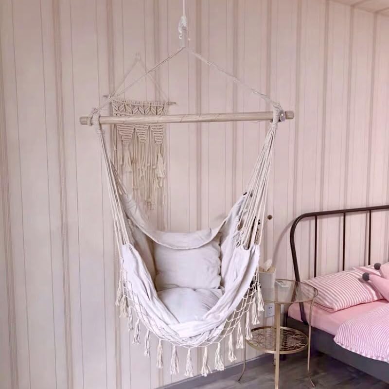 Silla hamaca, silla colgante grande de macramé con columpio de cuerda para colgar, 2 cojines incluidos, máximo 500 libras, tejido de algodón para