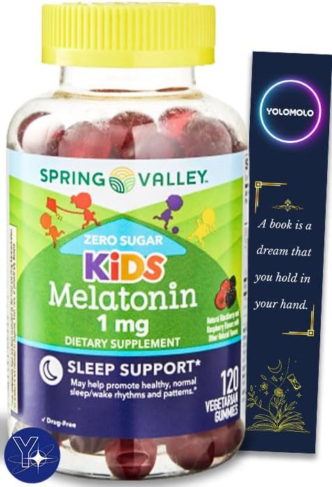 Zero Sugar Kids – Suplemento dietético de melatonina para dormir Spring Valley, gomitas de frambuesa y mora, 1 mg, 120 unidades y marcapáginas de