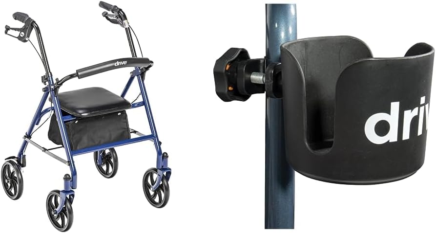 Drive Medical 10257BL-1 – Andador con ruedas de 4 ruedas con asiento, andador de acero, altura ajustable y universal con abrazadera para caminante,