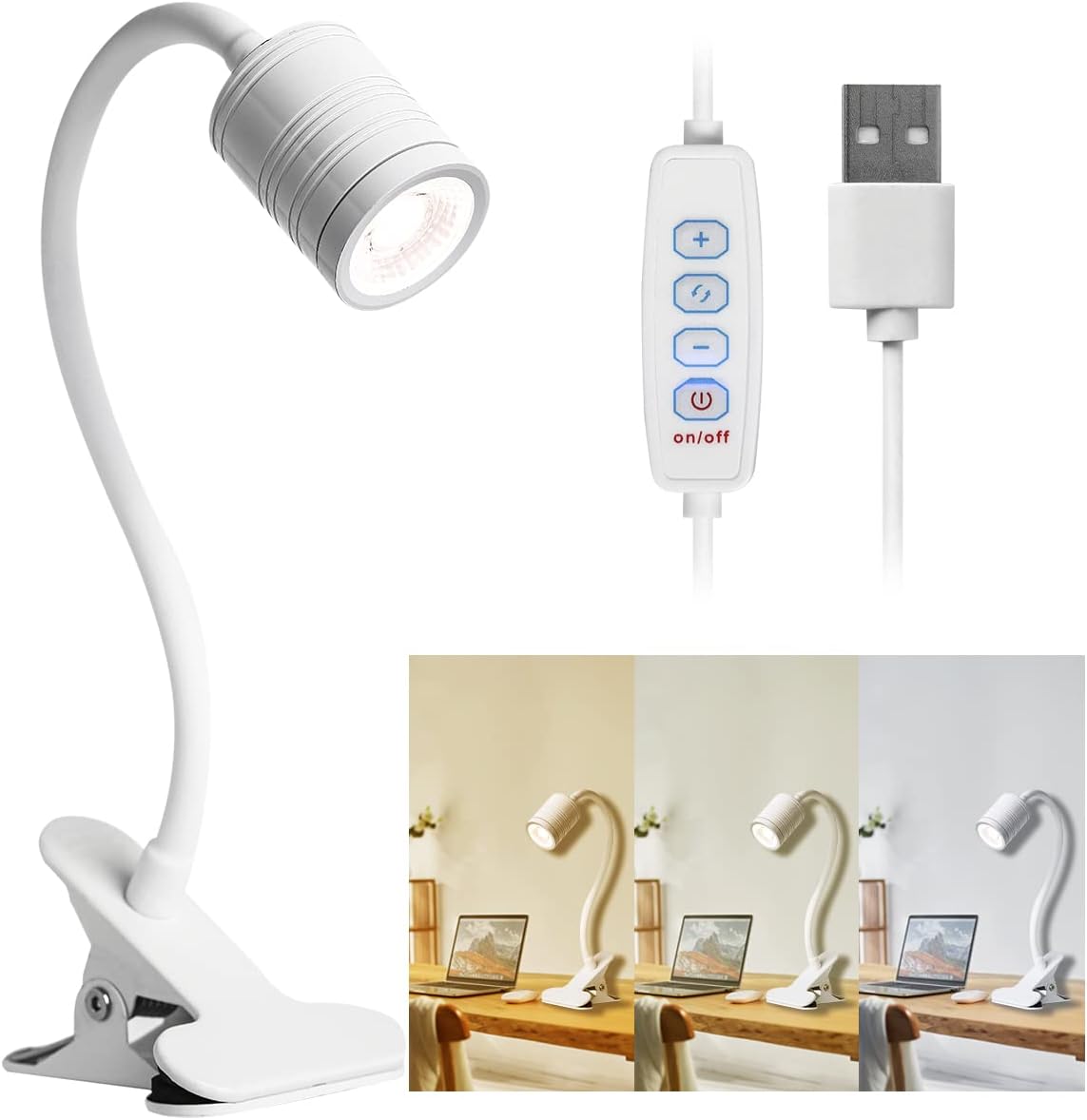 EAGLOD Luz LED de 3 brillos con abrazadera, lámpara LED portátil de clip, clip USB en la lámpara de escritorio, luz de lectura nocturna de cuello de