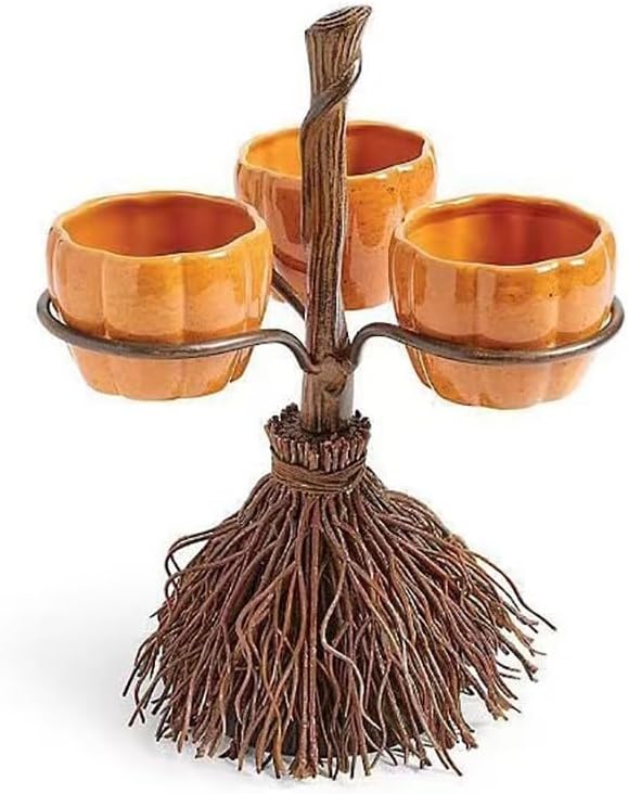 Soporte para cuenco de aperitivos de calabaza, mini platos de postre, decoración de mesa de comedor, escoba de bruja, calabaza y caramelos, plato de