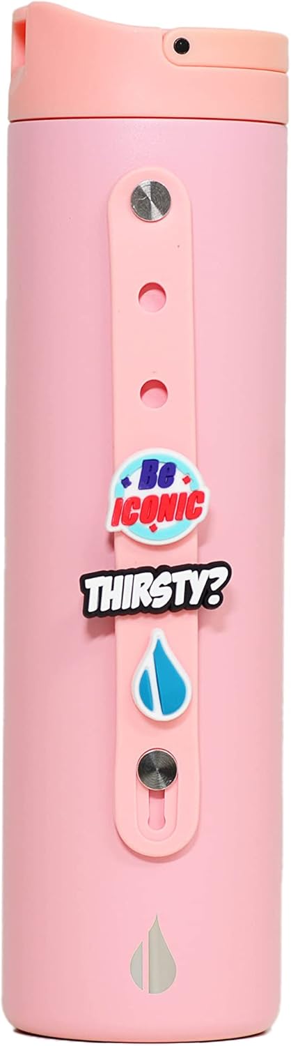 Elemental Iconic – Botella de agua para niños con tapa de popote y correa de dijes, a prueba de fugas cuando está cerrada, botella de agua