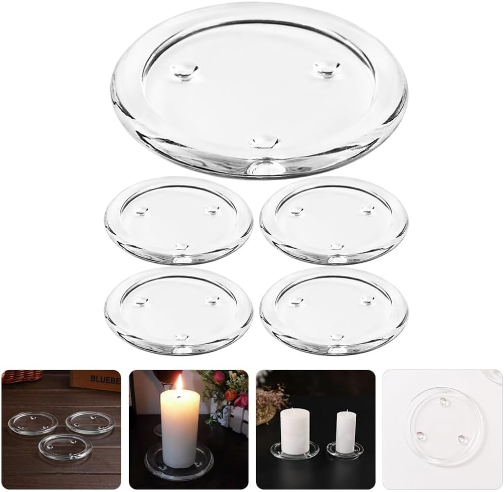 VOSAREA Platos de vela de vidrio transparente, 5 unidades, portavelas, portavelas, pequeñas bandejas redondas para velas, soportes de vela de pilar