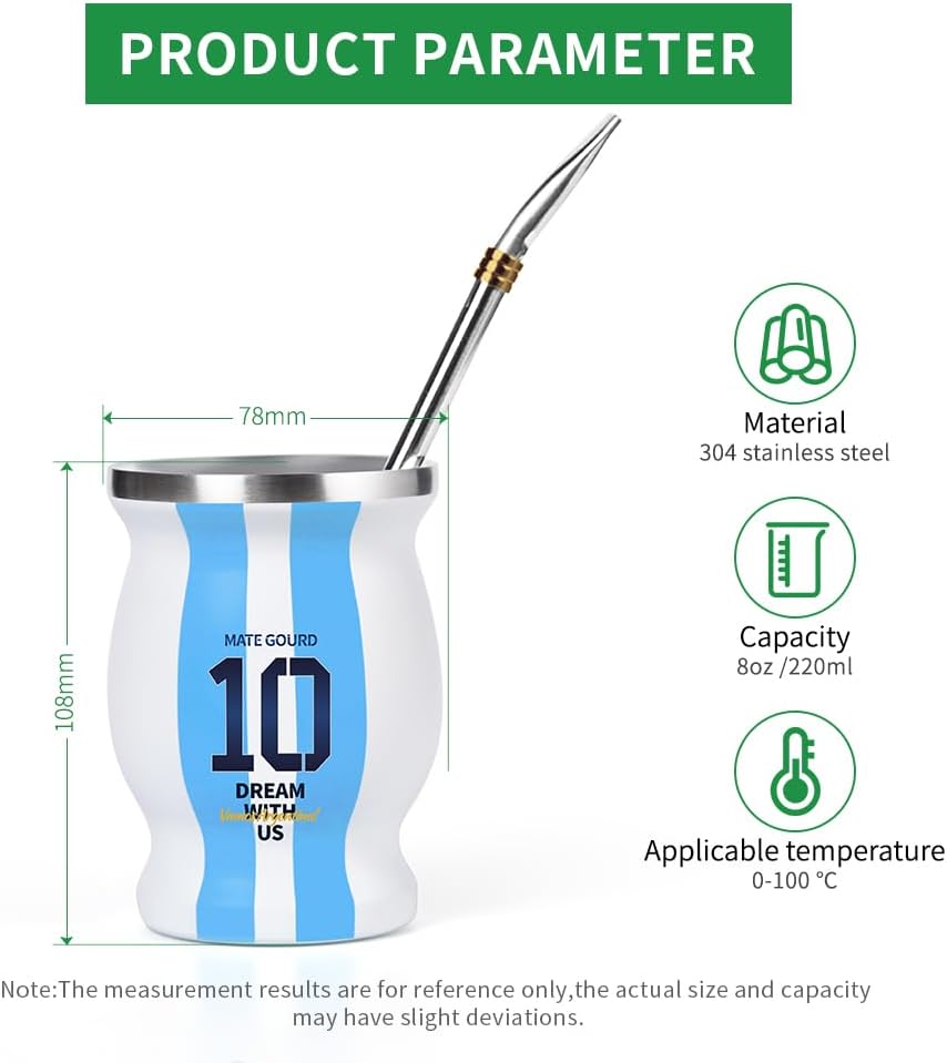 Argentina Captain No.10 Yerba Mate Gourd, vaso térmico de acero inoxidable de doble pared para mantener calientecafé helado, yerba mate, agua, té y