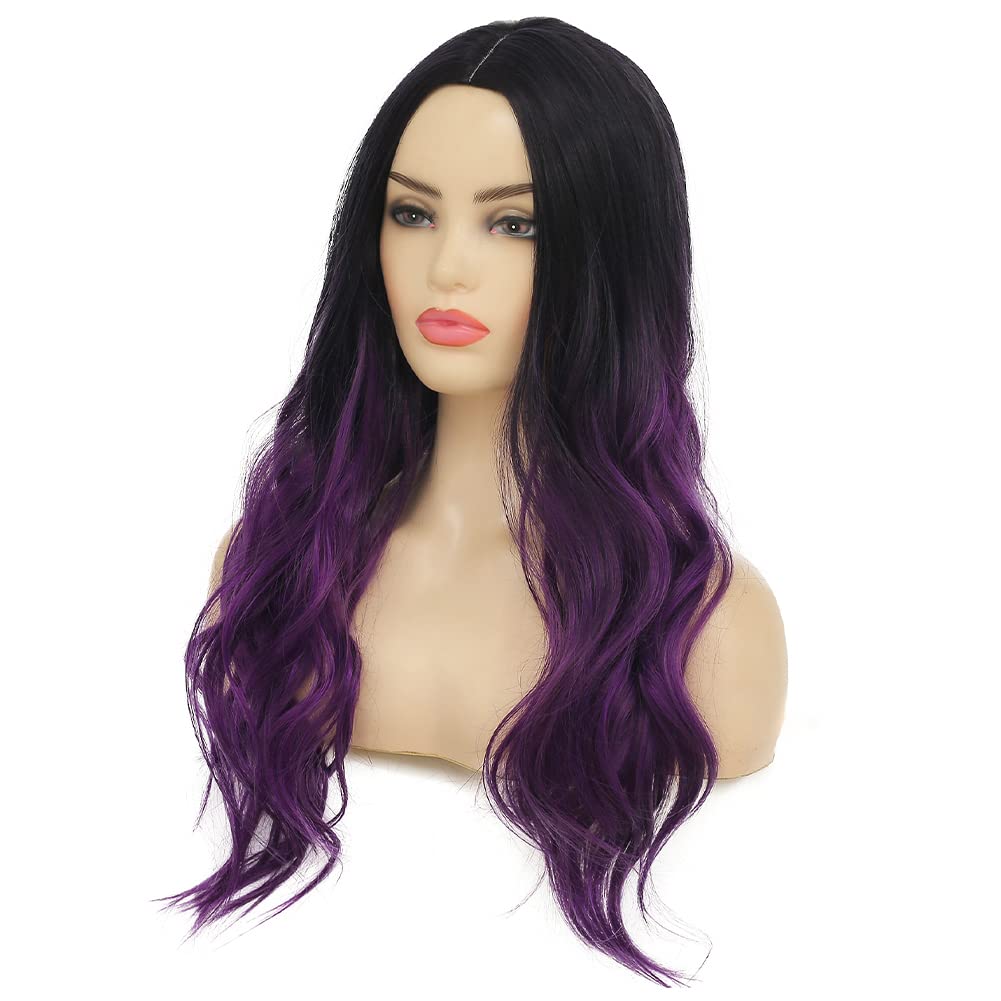 Pelucas largas rizadas y onduladas de color morado degradado para mujer, pelucas de cabello sintético con raíces oscuras, cosplay, fiesta de