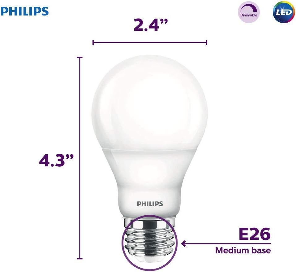 Philips Bombilla LED regulable A19 esmerilada, 9.5 W (equivalente a 60 W), 800 lúmenes, 2700 K blanco suave, base media E26, Energy Star, paquete de