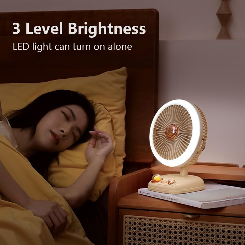 Ventilador de escritorio con luz LED, flujo de aire silencioso de velocidad variable, funciona con pilas recargables (beige)