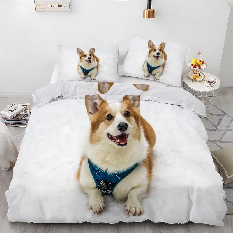 White Corgi Twin Duvet Cover Dog Print Twin Bedding Sets Soft Microfiber Comforter Cover and 2 Pillow Shams 20″X26″, Bed Set Duvet Covers with