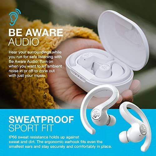JLab JBuds Air Sport True Auriculares Bluetooth inalámbricos + funda de carga, blanco, resistencia al sudor IP66, conexión Bluetooth 5.0 clase 1,