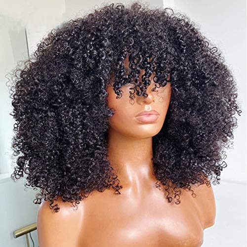 Peluca afro rizada con flequillo, hecha a máquina, peluca superior del cuero cabelludo de 200 de densidad, cabello humano virgen brasileño, corto,