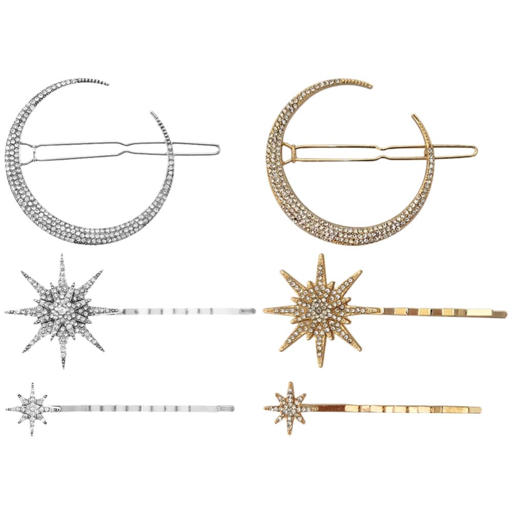 Beaupretty Pinzas para el cabello vintage con diseño de estrella y luna, pasador de pelo de aleación de metal con diamantes de imitación, accesorios