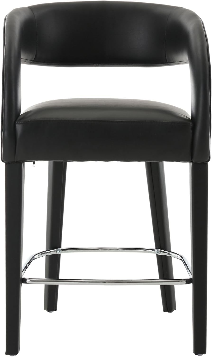 Juego de 2 taburetes de cuero negro para mostrador de barril, sillas de bar de madera de 26 pulgadas con respaldo tapizado para isla de cocina