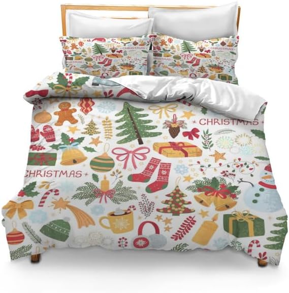 Bidesign Full Christmas Theme Duvet Cover (Merry ChristmasChristmas TreeBell Pattern) Holiday Deluxe Double Bedding Set (1 Duvet Cover +2