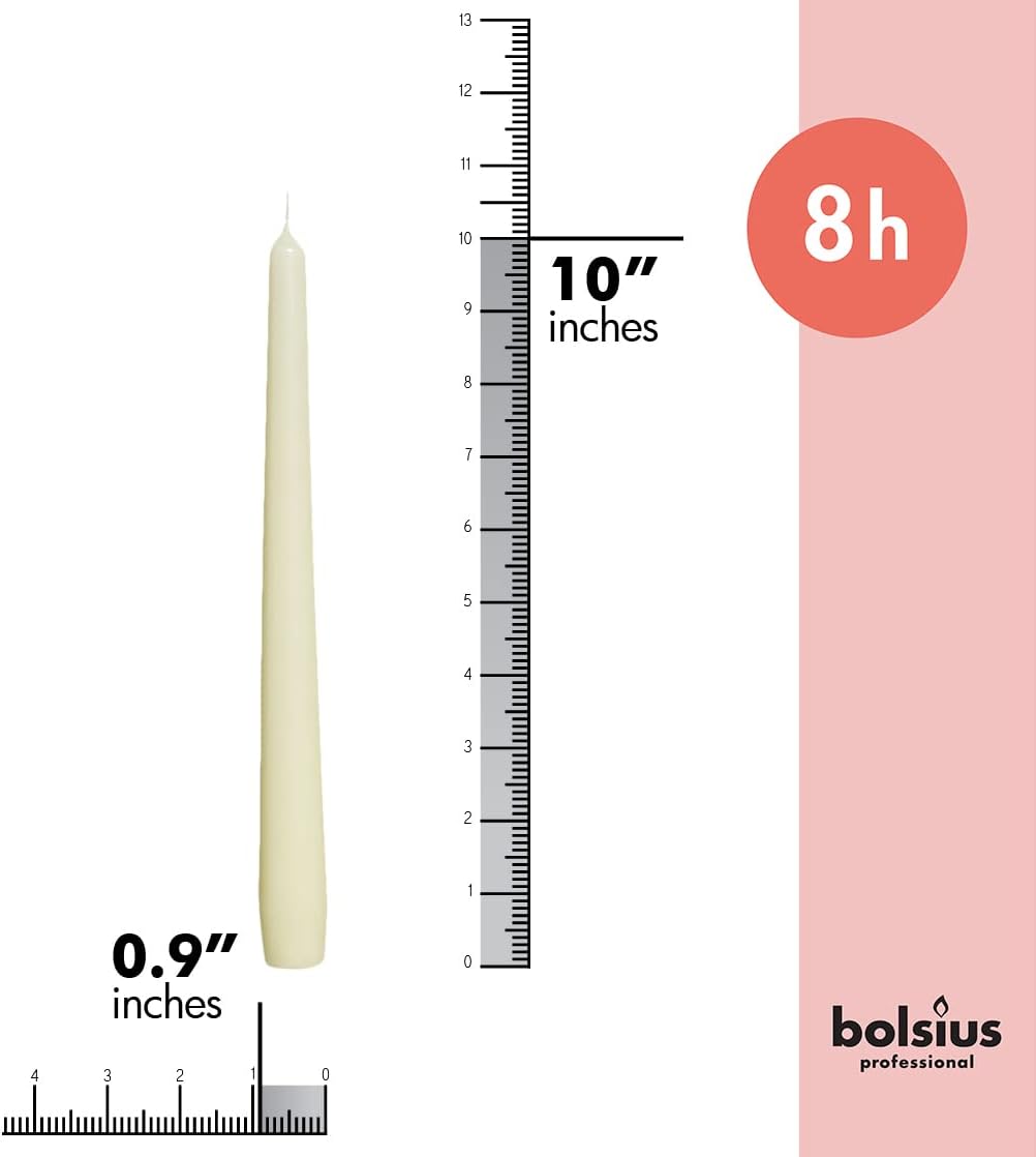 BOLSIUS Velas cónicas largas de color marfil para el hogar, cera de alta calidad sin perfume de 10 pulgadas, 8 horas de combustión, paquete a granel