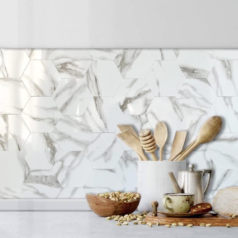 AULIGET 72 piezas de azulejos hexagonales para despegar y pegar, diseño de mármol blanco pulido para cocina, azulejos de PVC para despegar y pegar