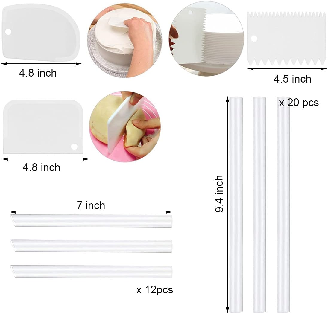 20 varillas de plástico blancas y 4 placas separadoras de pasteles de 46810 pulgadas con 12 tacos apilables transparentes, diferentes patrones para