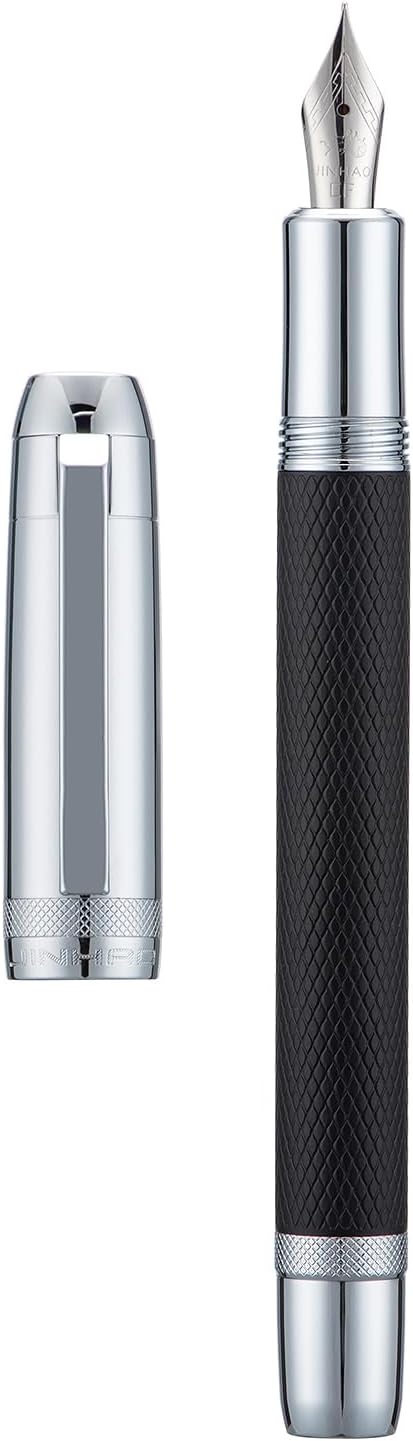 Jinhao 92 – Pluma estilográfica plateada negra, punta media, metal sólido con convertidor, lápiz de caligrafía