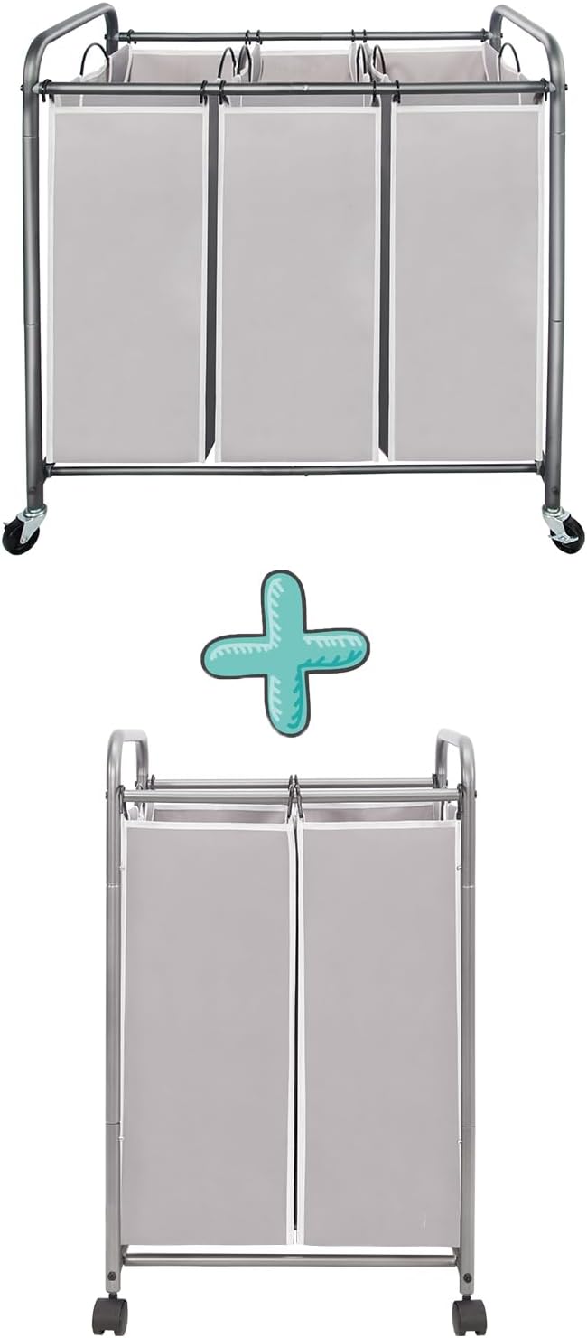 STORAGE MANIAC Clasificador de ropa sucia de 3 secciones más 2 secciones, cesta para la ropa sucia con ruedas rodantes, clasificador de cestas de