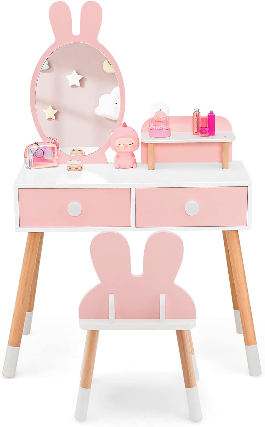 Costzon Juego de tocador para niños, juego de tocador para niñas con espejo y taburete, 2 cajones grandes, estante de almacenamiento, tocador de