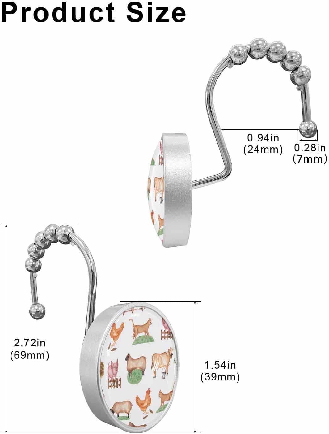 Shower Curtain Hooks Set of 12 Farm Animal Pig Cock Sheep Country Style Crystal Glass Shower Curtain Rings for Bathroom Decorative Stainless Steel