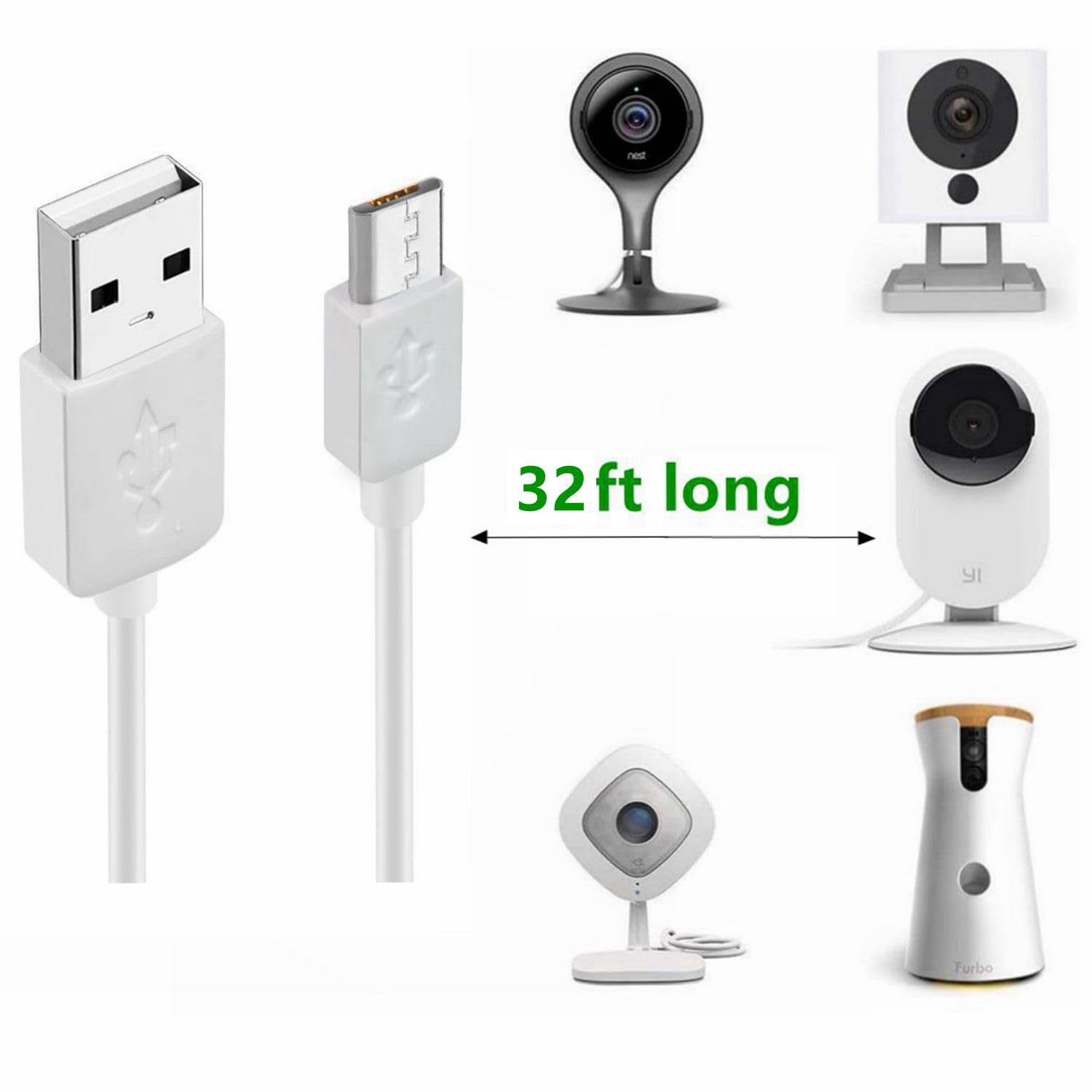 Cable de extensión de alimentación de 32 pies (32.8 ft), compatible con Wyze CamWyze Cam Pan, cámara Yi, NestCam interior, cámara Blink XT, cámara