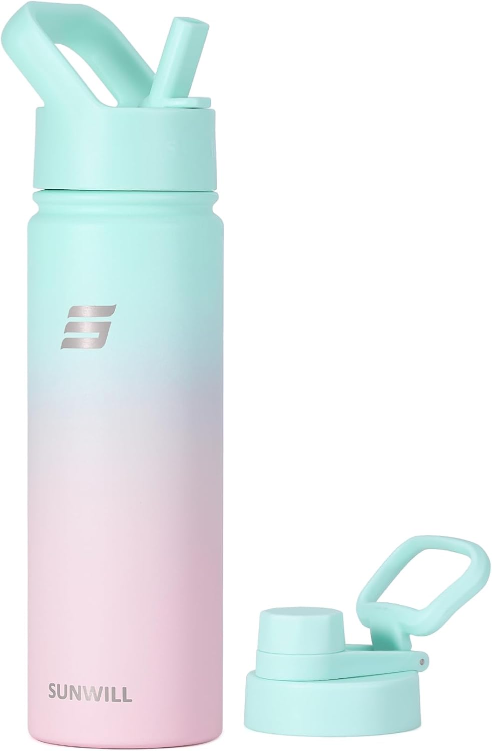 SUNWILL Botella de agua aislada con popote, botella de agua para deportes y viajes, 22 onzas, acero inoxidable de doble pared, apta para portavasos,