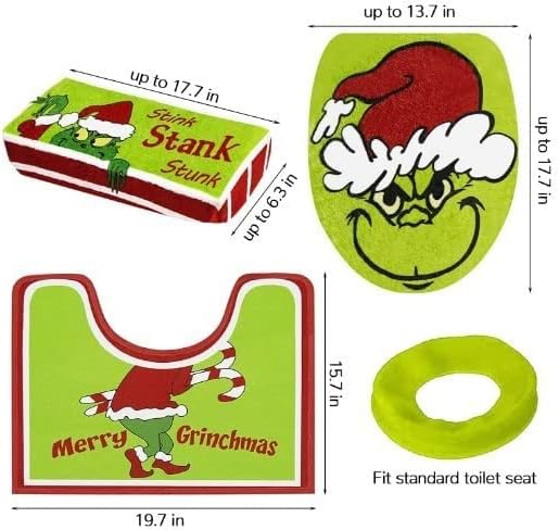 Juego de 4 fundas de asiento de inodoro y alfombra de monstruo verde navideño para interior del hogar, tapetes de baño, alfombra de inodoro en forma