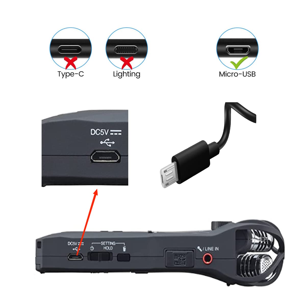 Cable de carga USB DR-05x de 5 pies, cable de carga compatible con Zoom H1nQ2nH8F1, LiveTrak L-8, Tascam DR-05X, DR-40X, DR-07X, DR-22WL, DR-44WL,