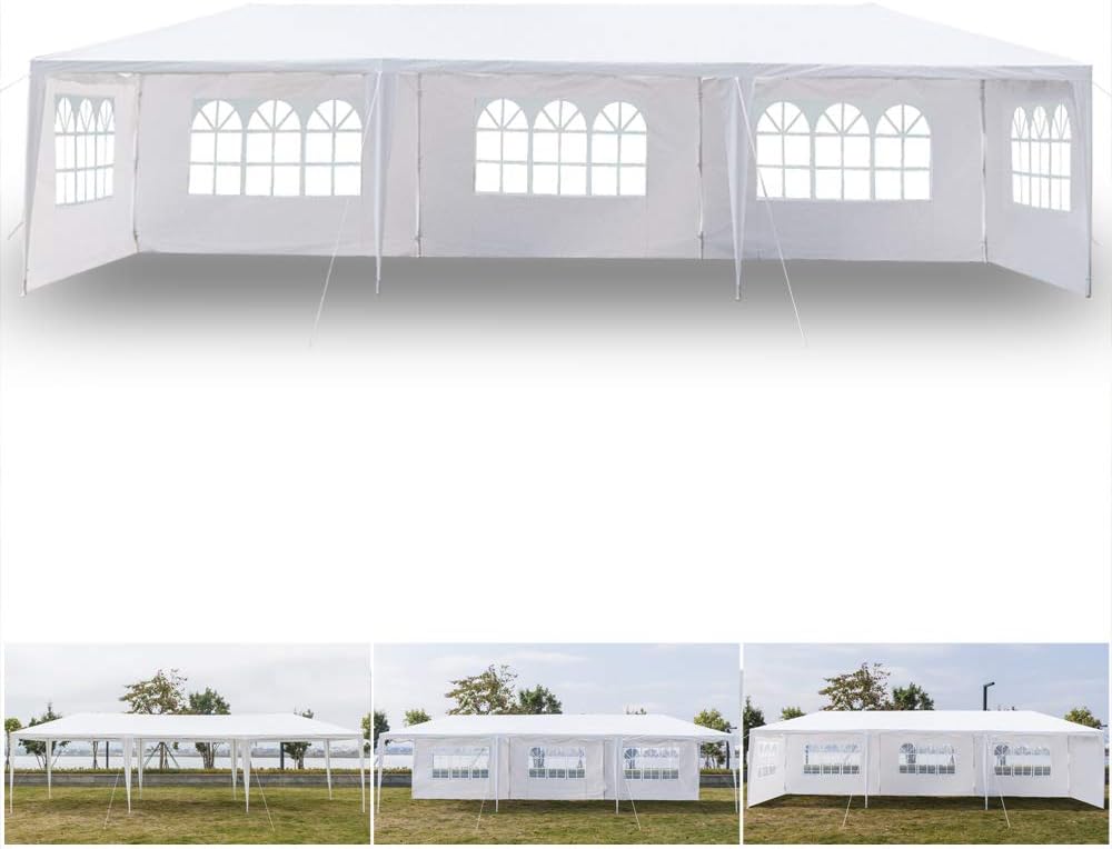Tienda de campaña para exteriores de 10 x 30 pies, color blanco, carpa impermeable práctica con ventanas más brillantes, 5 paredes laterales