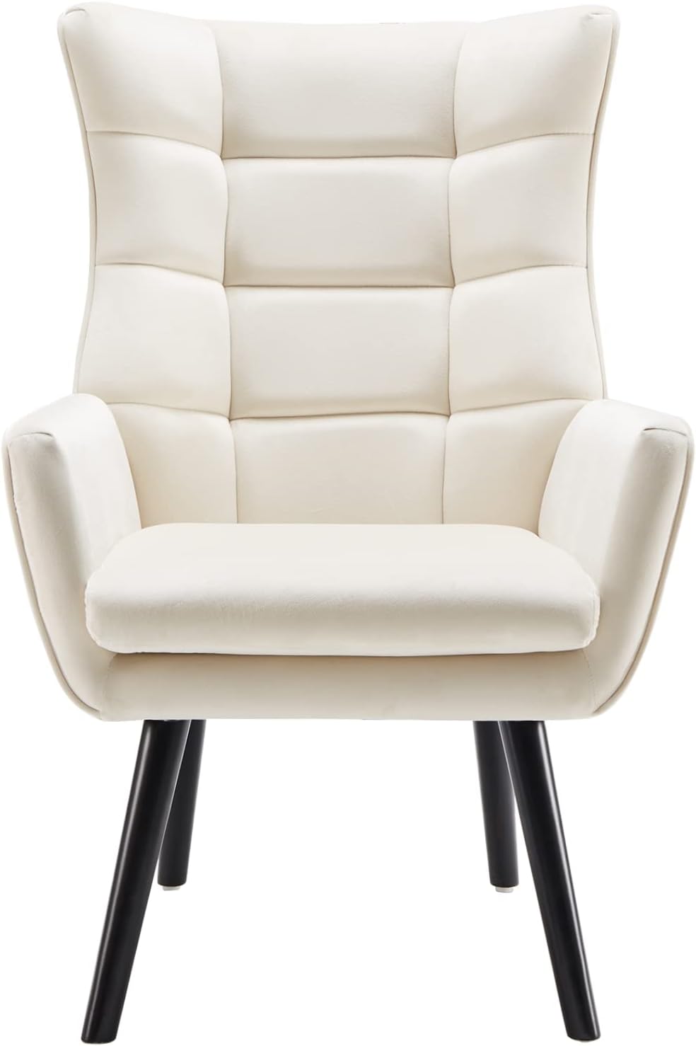 Silla decorativa color blanco crema, silla de terciopelo con respaldo de ala, a cuadros, cómoda silla copetuda con patas de madera, sofá individual