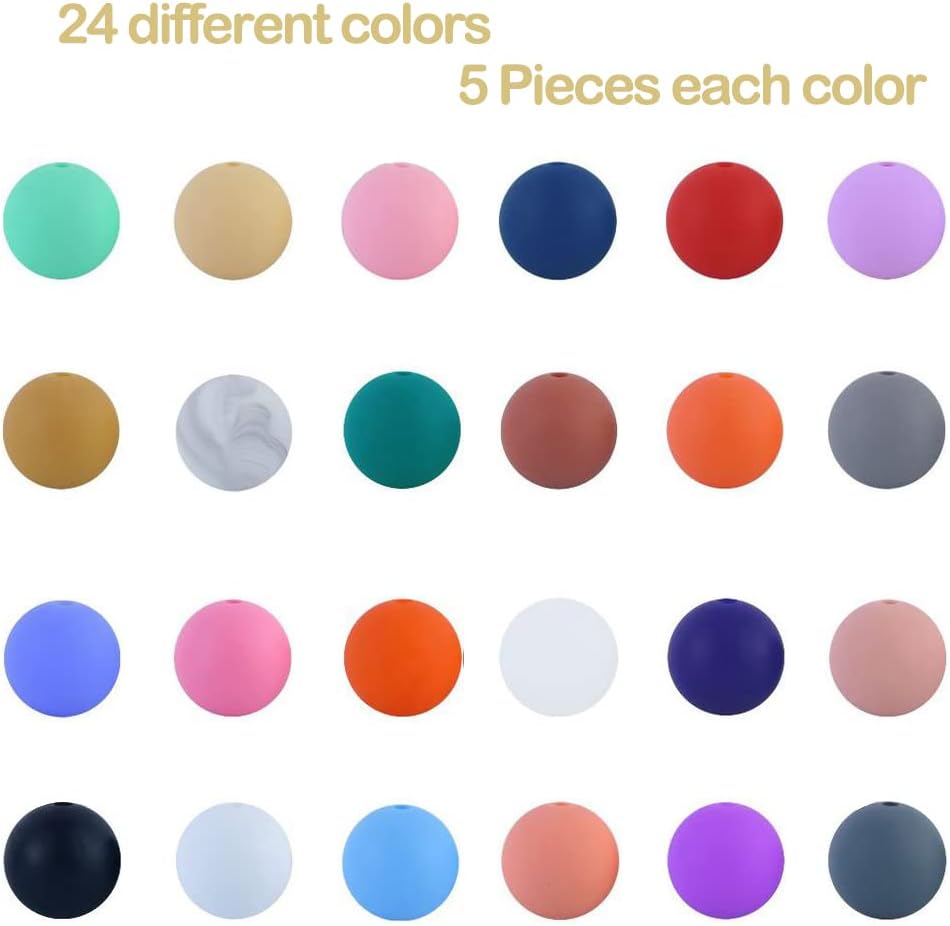 BetterJonny – 120 cuentas de silicona, 24 colores, cuentas sueltas con caja de almacenamiento de 0.472 pulgadas, cuentas redondas de silicona
