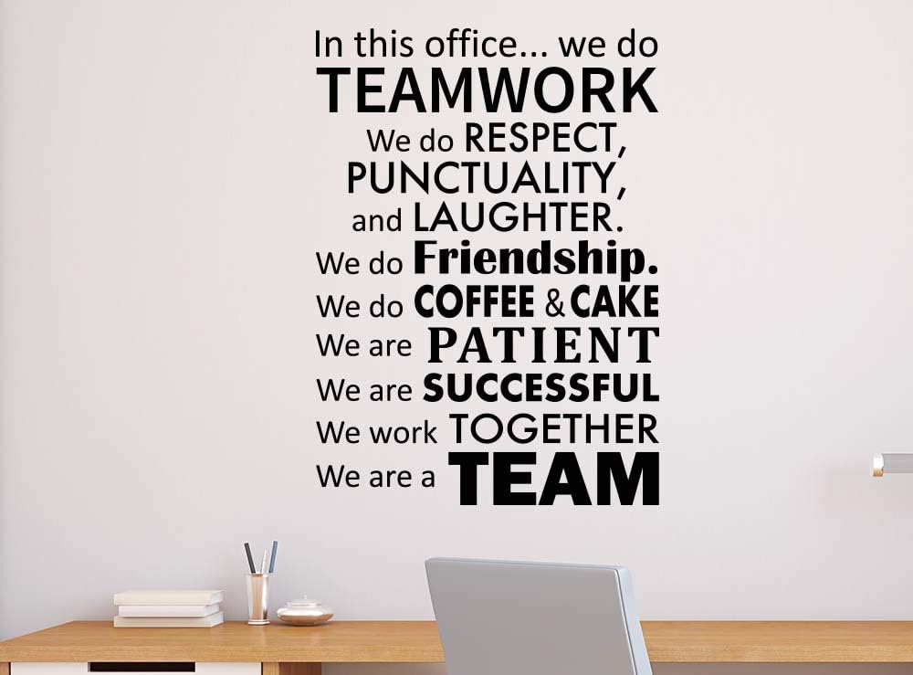 #2 in This Office We do Teamwork We do Respect, Punctuality and Laughter 22 x 31 – Adhesivo de vinilo para pared, diseño de texto en equipo, letras