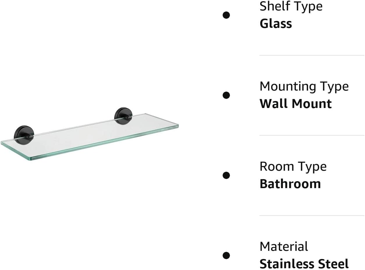 JQK Estante de vidrio para baño negro, almacenamiento de ducha de vidrio templado de 16 x 5 pulgadas, montaje en pared negro mate de acero
