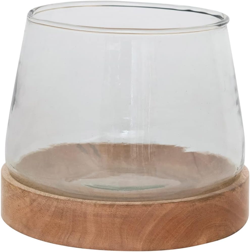 Bloomingville Jarrón con base de madera de mango Hurricane de cristal, 7″
